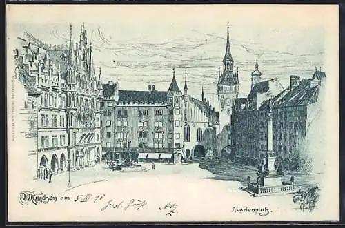Künstler-AK München, Sicht auf den Marienplatz