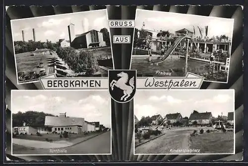 AK Bergkamen /Westfalen, Marktplatz, Freibad, Turnhalle