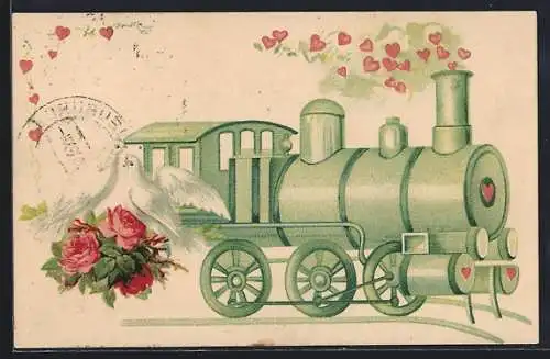 AK Eisenbahn bläst Herzen aus dem Schornstein