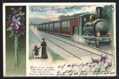 AK Eisenbahn fährt an Mutter mit Kind vorbei