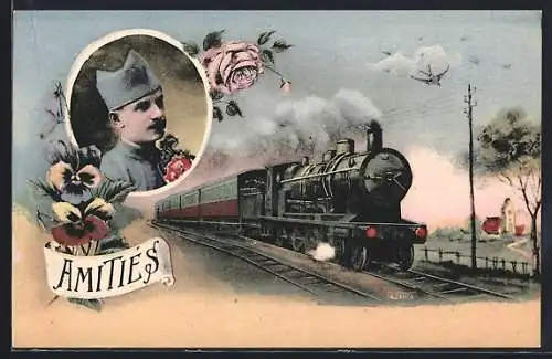 AK Mailly-le-Camp, Dampflokomotive, Soldat