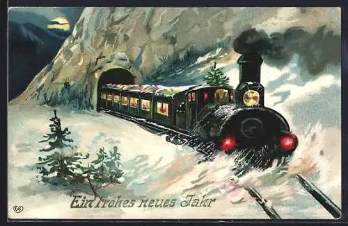 AK Neujahrsgruss, Eisenbahn auf winterlicher Bergfahrt