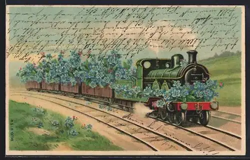 Künstler-AK Bonne année 1908, Eisenbahn mit Jahreszahl, Blumenmotiv