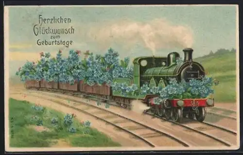Künstler-AK Bonne année 1908, Eisenbahn mit Jahreszahl, Blumenmotiv
