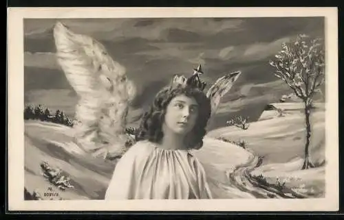 AK Engel vor verschneiter Landschaft