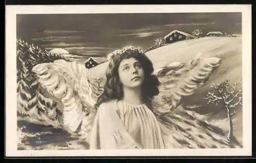 AK Engel mit Blumenkranz vor verschneitem Dorf
