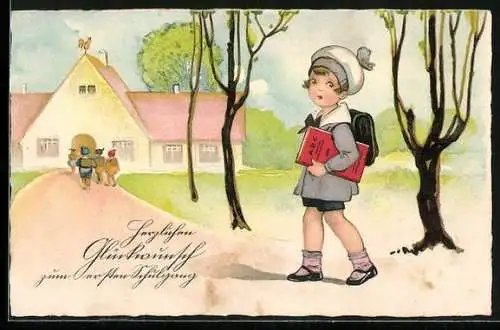 AK Kleiner Junge geht in die Schule, Glückwunsch zum Schulanfang