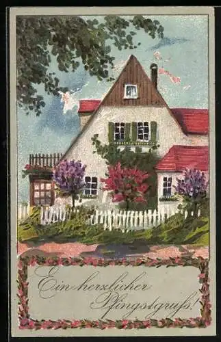 AK Pfingstgruss, Blühende Bäume vor einem Haus