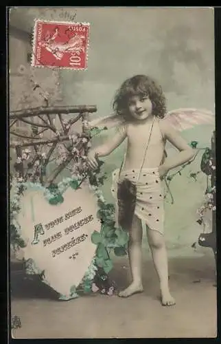 AK Amor mit Herz und Fliederblüten