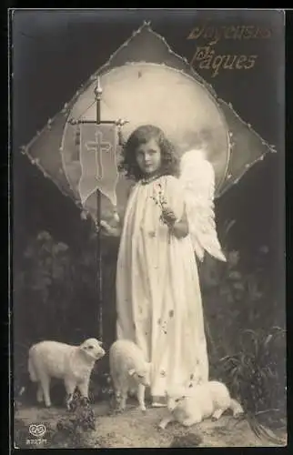 AK Osterengel mit Kreuz und Lämmern, Joyeuses Pâques