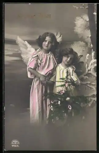 AK Joyeux Noel, Zwei Weihnachtsengel mit geschmücktem Tannenbaum