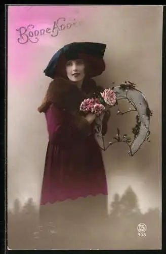 AK Dame mit Hufeisen und Rosen, Bonne Année