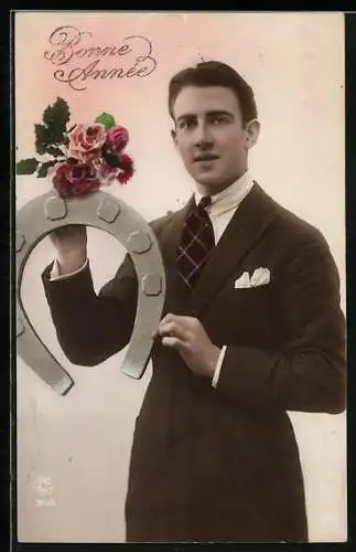 AK Bonne Année, Herr mit Hufeisen und Rosen