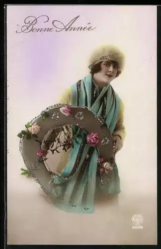 AK Dame mit Hufeisen und Mistelzweig, Bonne Année