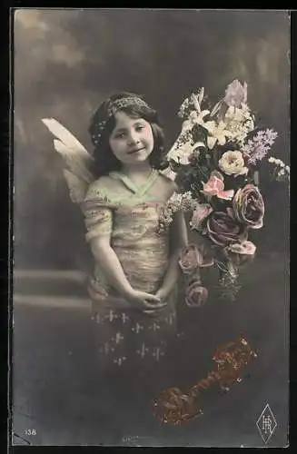 AK Kleiner Engel mit Blumenstrauss