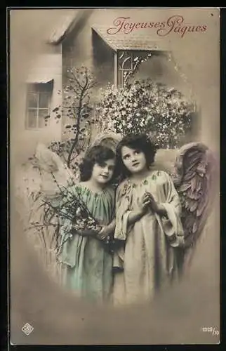 AK Joyeuses Pâques, Osterengel in einem Garten