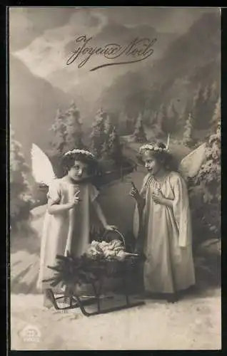 AK Joyeux Noel, Weihnachtsengel mit Schlitten