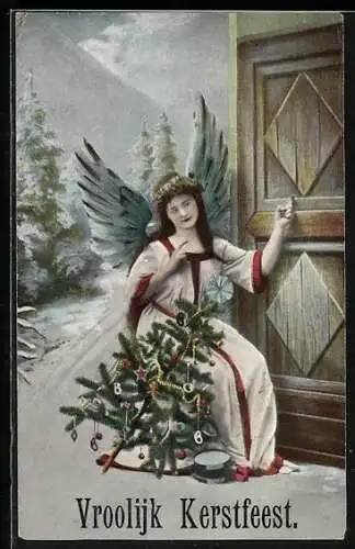 AK Weihnachtsengel klopft an einer Haustür