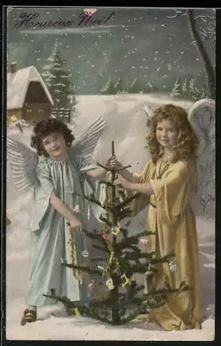 AK Weihnachtsengel mit geschmücktem Tannenbaum im Schnee
