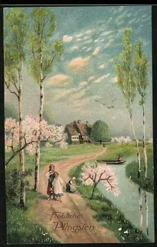 Präge-AK Fröhliche Pfingsten, Kinder spazieren an einem Fluss entlang