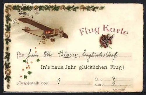 AK Flug-Karte, Flugzeug wirft Münzen ab, Tannenzweige mit Glöckchen, Neujahrsgruss