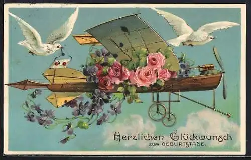 AK Flugzeug mit Rosen