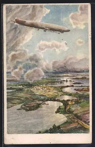 Künstler-AK Zeppelin Schütte-Lanz über den Masurischen Seen