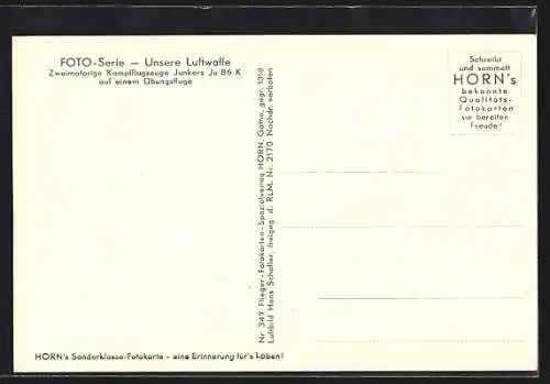 AK Unsere Luftwaffe, Zweimotorige Kampfflugzeuge JU 86 K auf einem Übungsflug, 