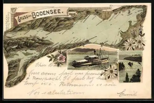 Lithographie Karte vom Bodensee, Dampfer, Rheinfall