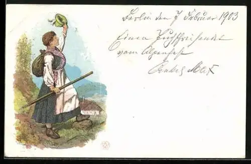 AK Frau in Tracht beim Bergsteigen