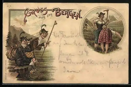 Lithographie Bergsteiger beobachten hübsche Frauen