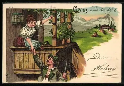 Lithographie Bergsteiger verabschiedet sich von der Liebsten