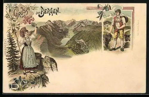 Lithographie Schweiz, Frau grüsst Wanderer, Trachten, Berge