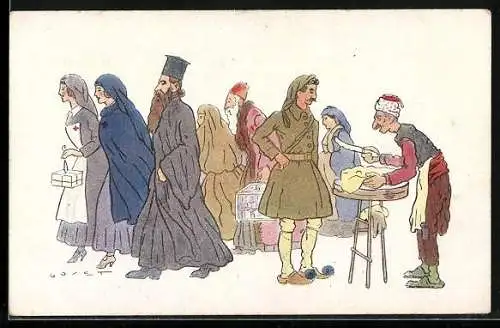 Künstler-AK sign. Salonique: Pope et Marchand de Nougat, Soldat bei griechischem Nougatverkäufer