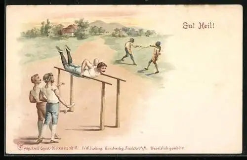 Lithographie Gut Heil!, Fechter und Leichtathleten am Barren