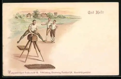 Lithographie Trio beim Bocksprung Üben