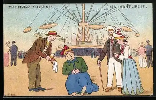 Künstler-AK Frau wird nach Fahrt in der Flying Machine schlecht, Volksfest