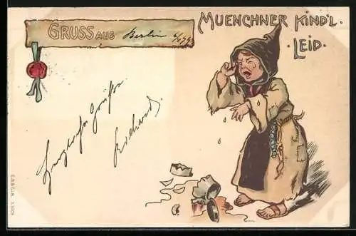 Lithographie Münchner Kindl weint über zerbrochenen Bierkrug