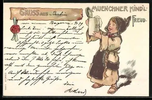 Lithographie Münchner Kindl freut sich über vollen Bierkrug