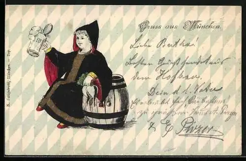 AK Münchner Kindl mit Bierfass und Bierkrug