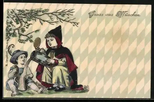 Lithographie Münchner Kindl schenkt Bier aus