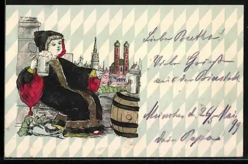 Lithographie Münchner Kindl mit Bierkrug