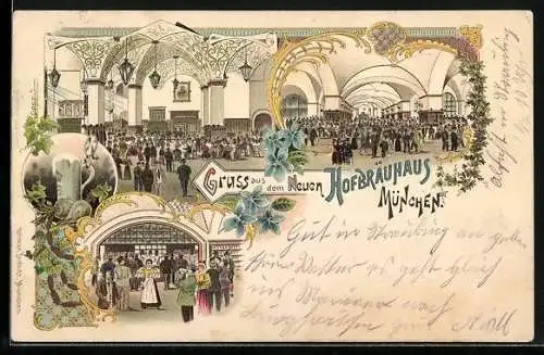 Lithographie München, Hofbräuhaus München Innenansicht mit zahlreichen Gästen