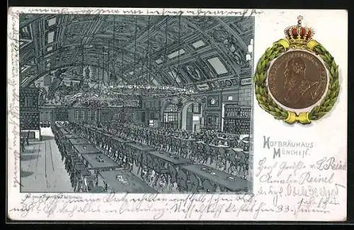 Lithographie Inneres vom Münchner Hofbräuhaus, Prinzregent Luitpold von Bayern