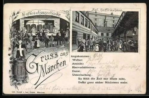 Lithographie München, Ansichten vom Gasthaus Münchner Hofbräuhaus
