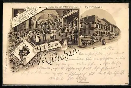 Lithographie München, Königliches Hofbräuhaus, Mann mit Bier - frisch vom Fass