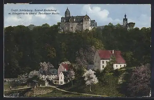 AK Rochsburg, Schloss Rochsburg mit Hängebrücke über der Zwickauer Mulde