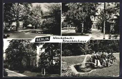 AK Berlin-Tempelhof, Wenckebach-Krankenhaus, Gebäude, Parkanlage, Brunnen