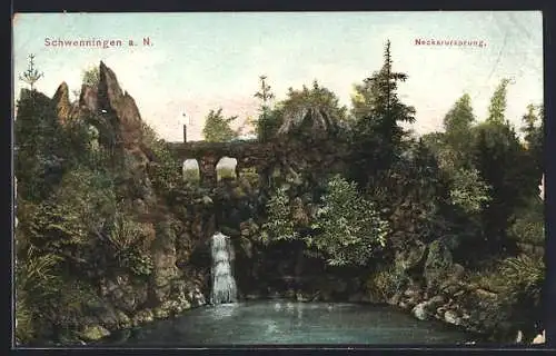 AK Schwenningen a. N., Neckarursprung, Wasserfall, Felsenbrücke