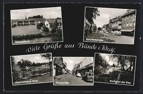 AK Bünde i. Westf., Heideschule, Bahnhofstrasse, Steinmeisters Teich, Eschstrasse, Partie an der Else